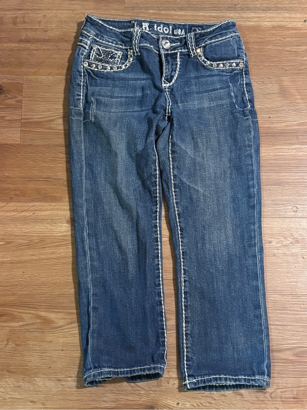 L.A. idol Women's Dark Blue Straight Leg Jeans with Stud Accents